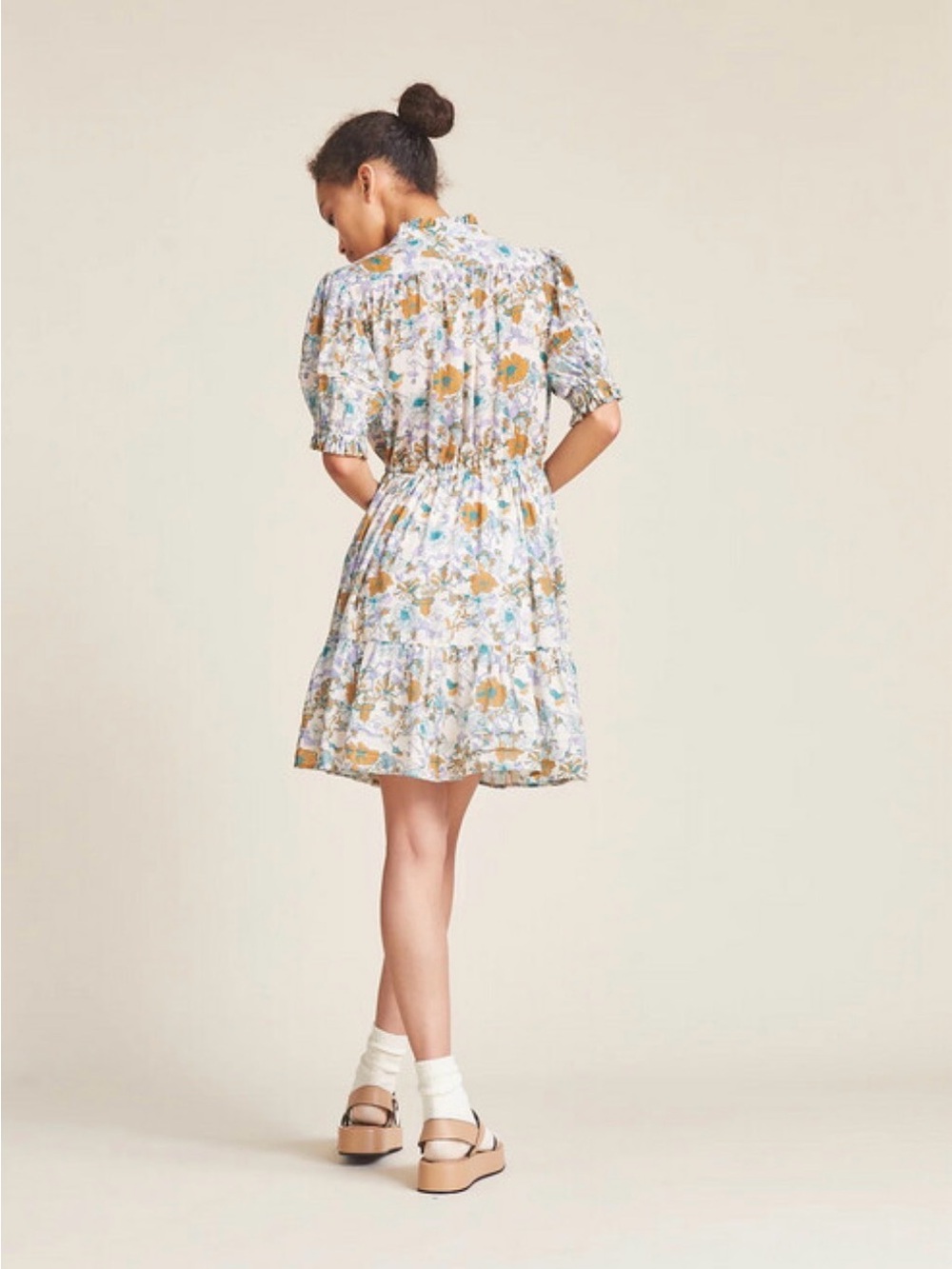 Travata California Birds of Paradise Floral Puff-Sleeve Tiered Mini Dress - Picture 3 of 6